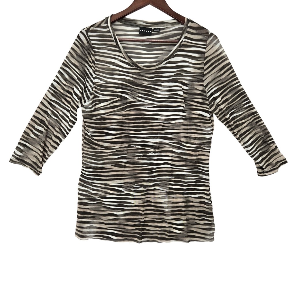 Tribal Womens Large Sheer Mesh 3/4 Sleeve Top Wavy Stripe Tiered Ruffle